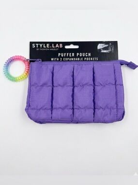Purple Puffer Pouch with 3 Expandable Pockets and Rainbow Key Ring
